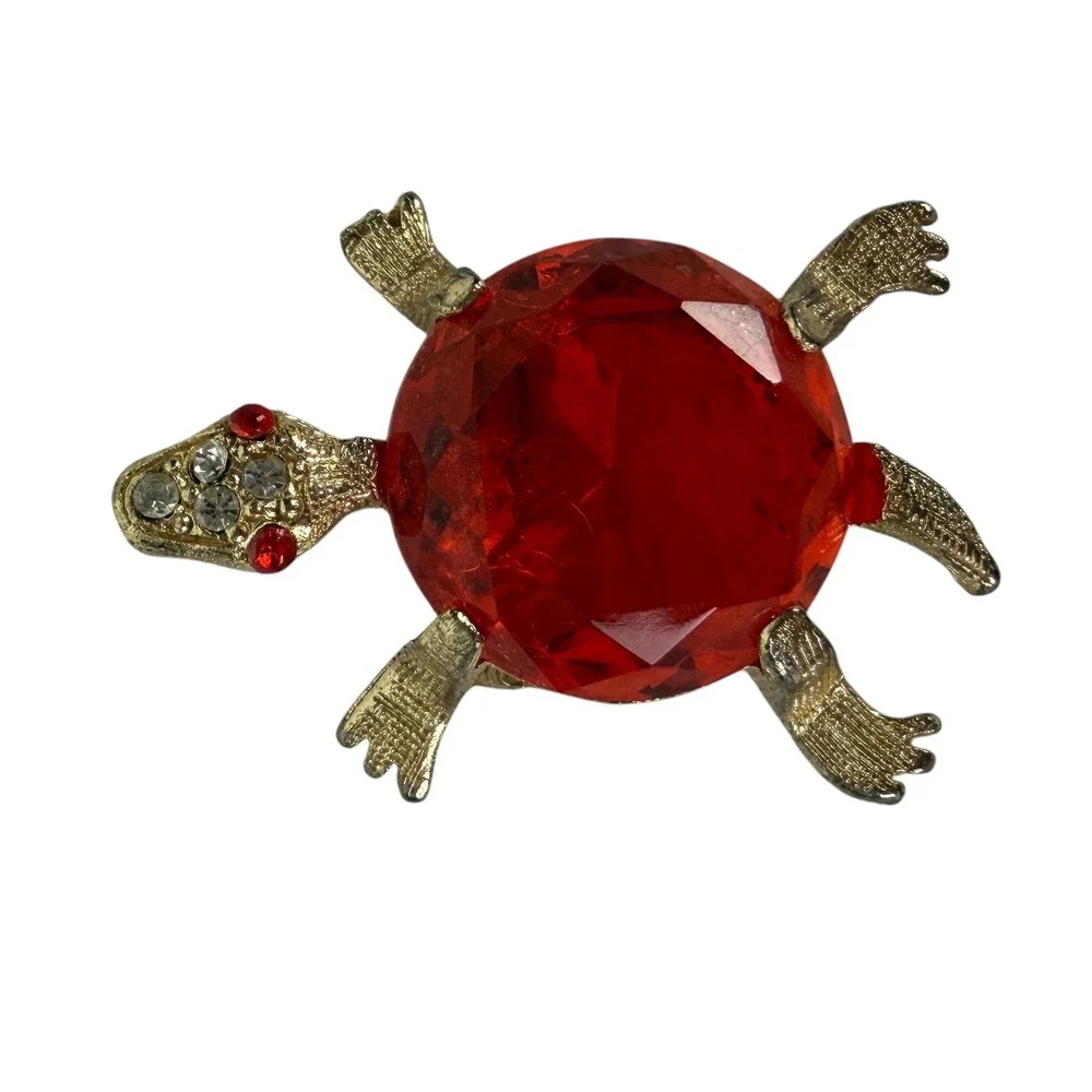 Vintage Turtle Brooch Red Faceted Stone Gold Tone Rhinestone Eye Animal Pin 1.5